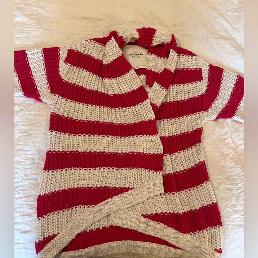 Vintage Abercrombie Hot Pink and Cream Short Sleeved Striped Open Front Cardigan